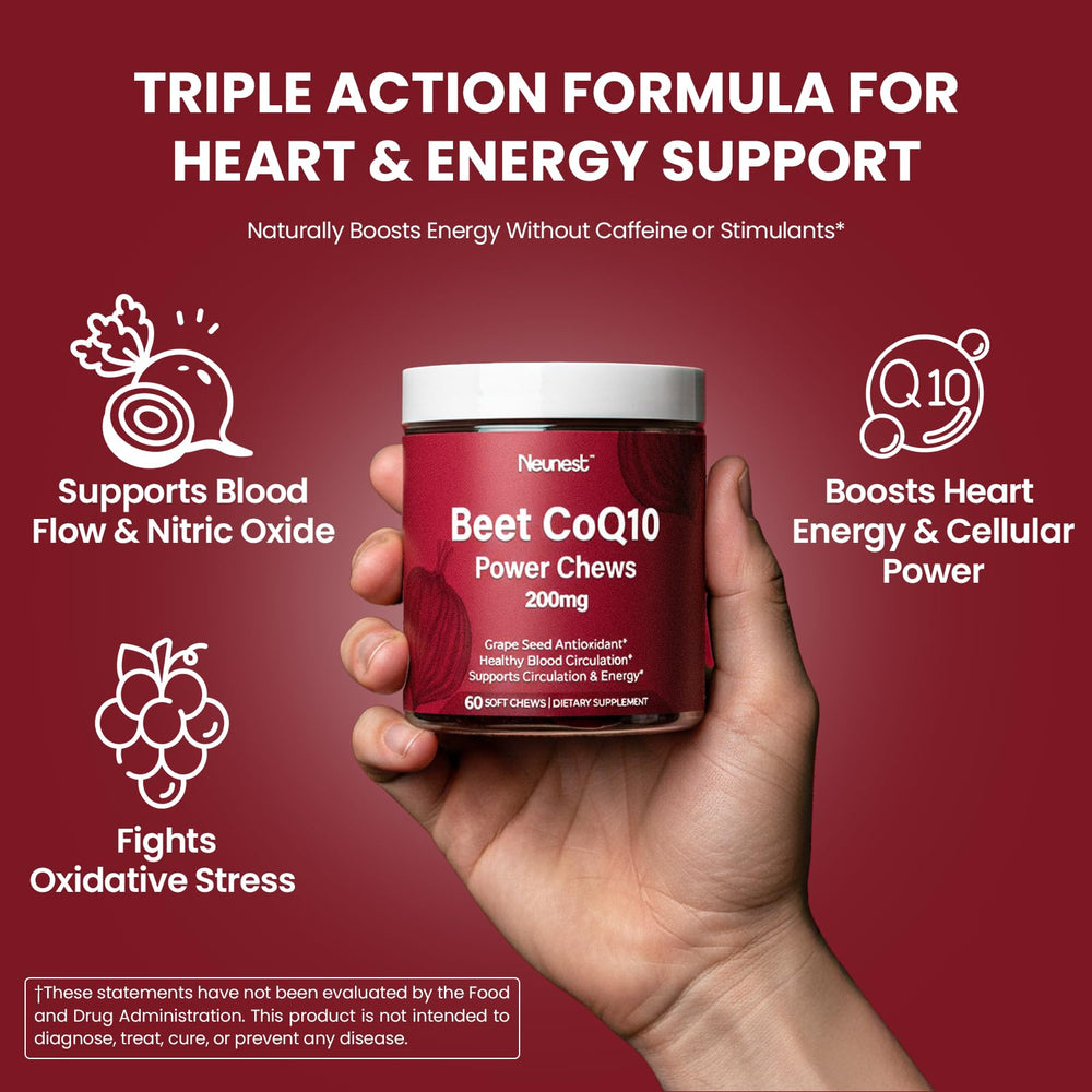 NEUNEST Beet Root CoQ10 Chews nitrate graphic illustrates natural nitric oxide support