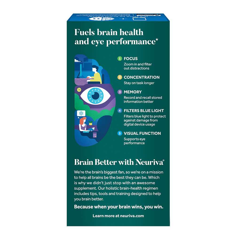 Neuriva product illustrating blue light filter feature for screen time.