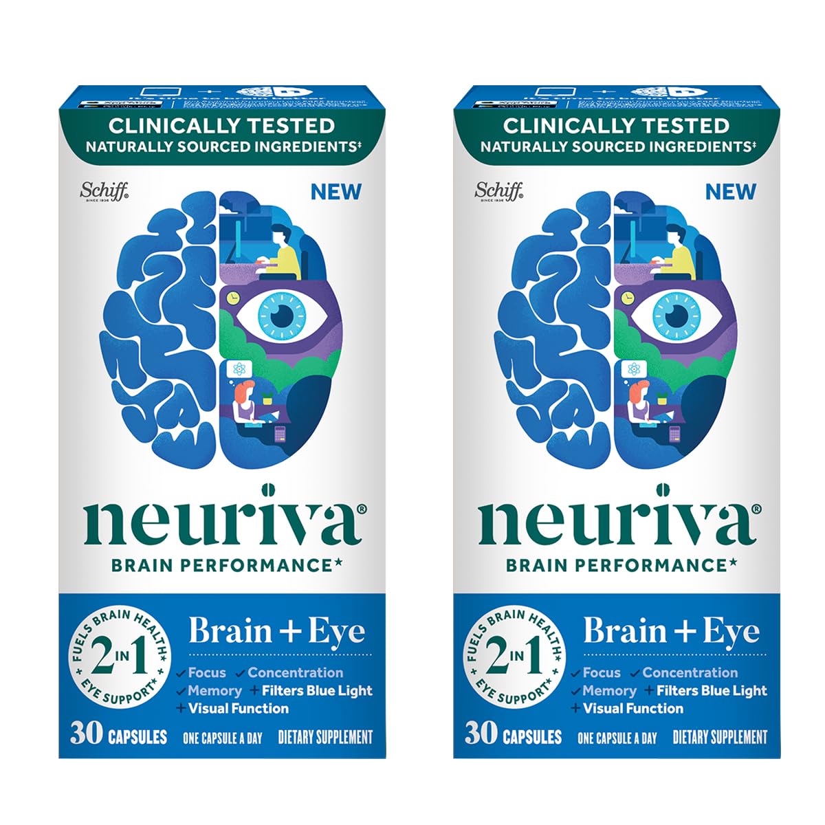 Neuriva brain-eye supplement bottle showing memory and focus support.