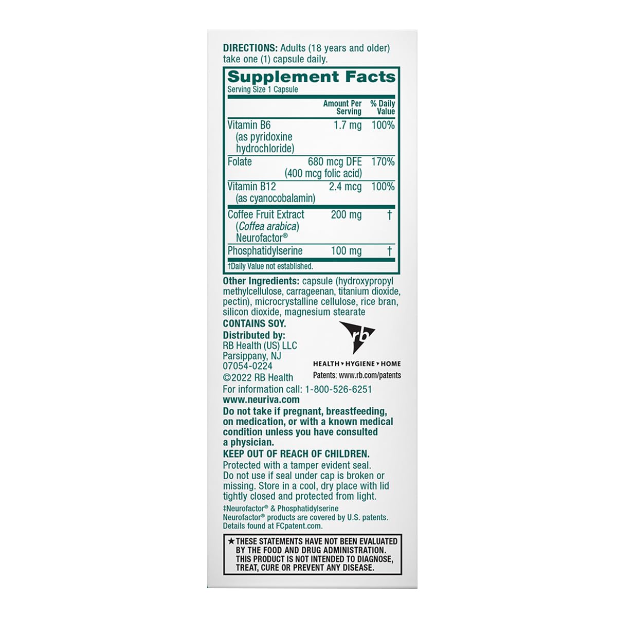 NEURIVA Plus vegetarian, gluten-free, and decaffeinated label on packaging.