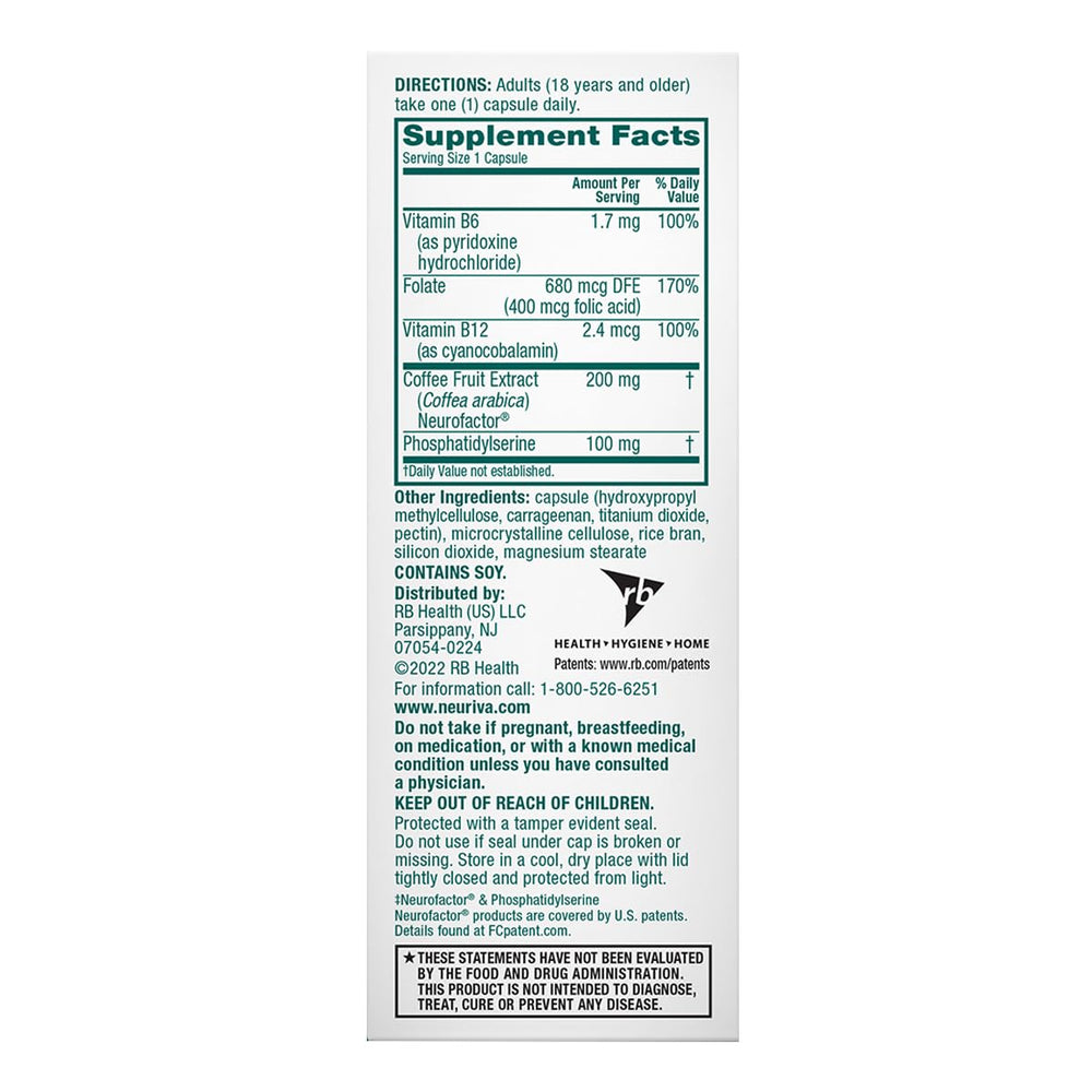 NEURIVA Plus vegetarian, gluten-free, and decaffeinated label on packaging.