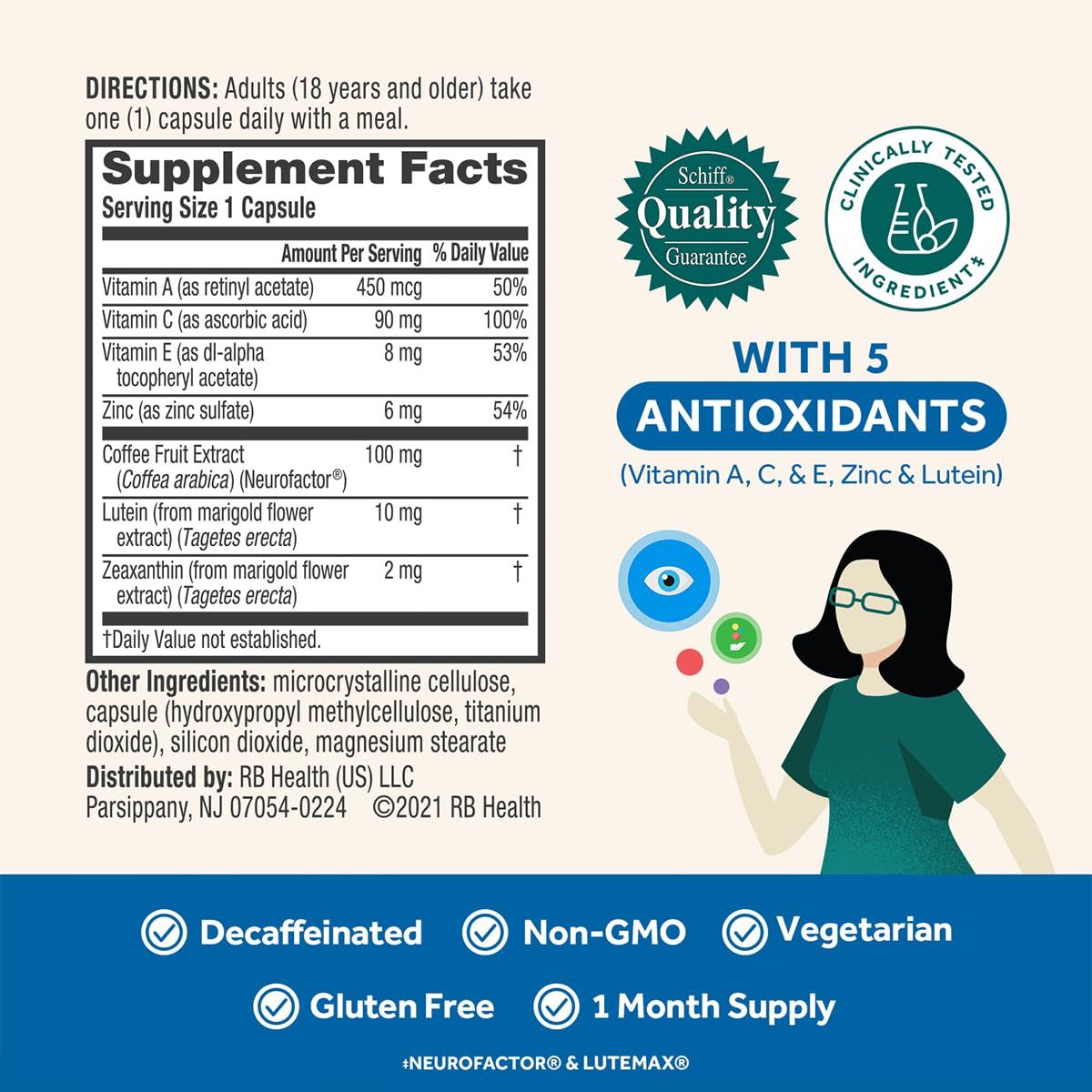 Neuriva vitamin A, C, E and zinc on label for eye protection.