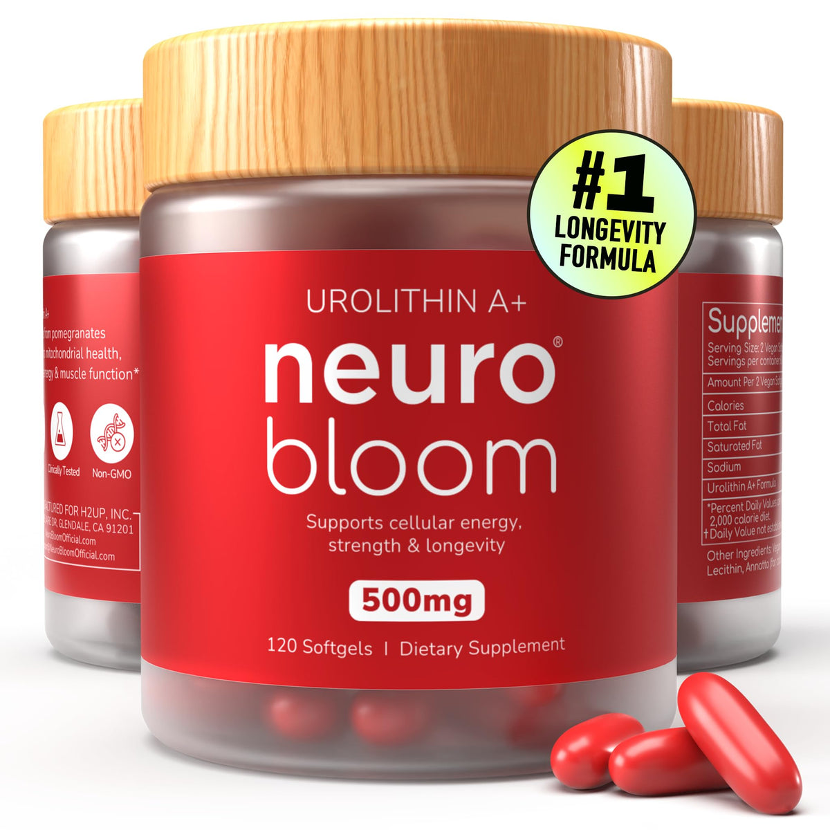 Neuro Bloom Urolithin A bottle front displaying branding and dosage for daily use.