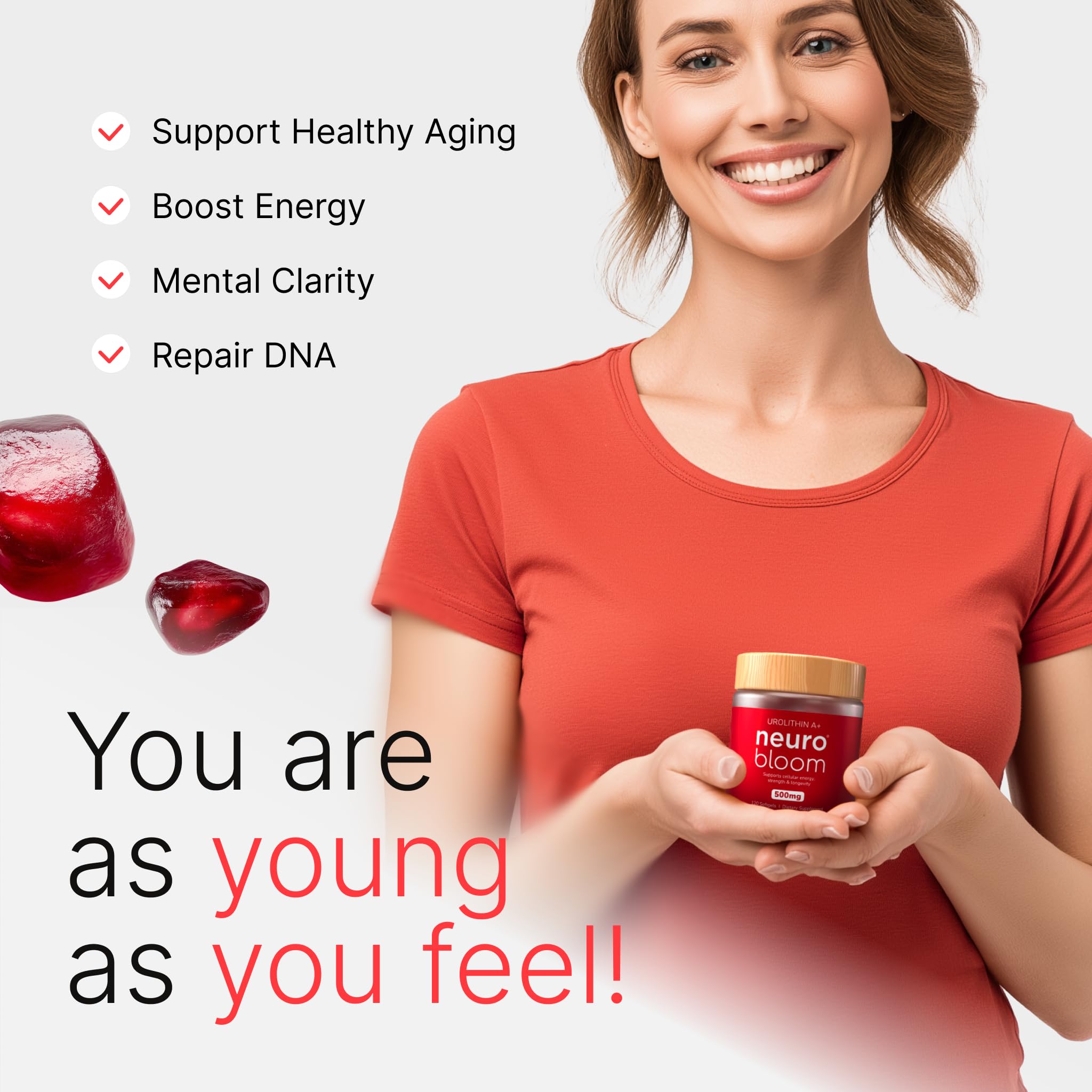 Neuro Bloom Urolithin A softgel dispensing scene illustrating easy daily intake.