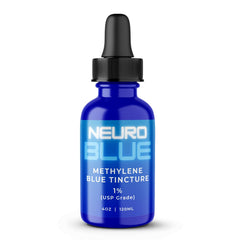 Neuro Blue 1% tincture bottle close-up shows precise dosing for cognitive support.