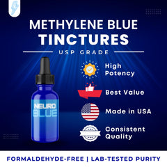Neuro Blue 1% tincture packaging front showcases USA-made, GMP-compliant quality.