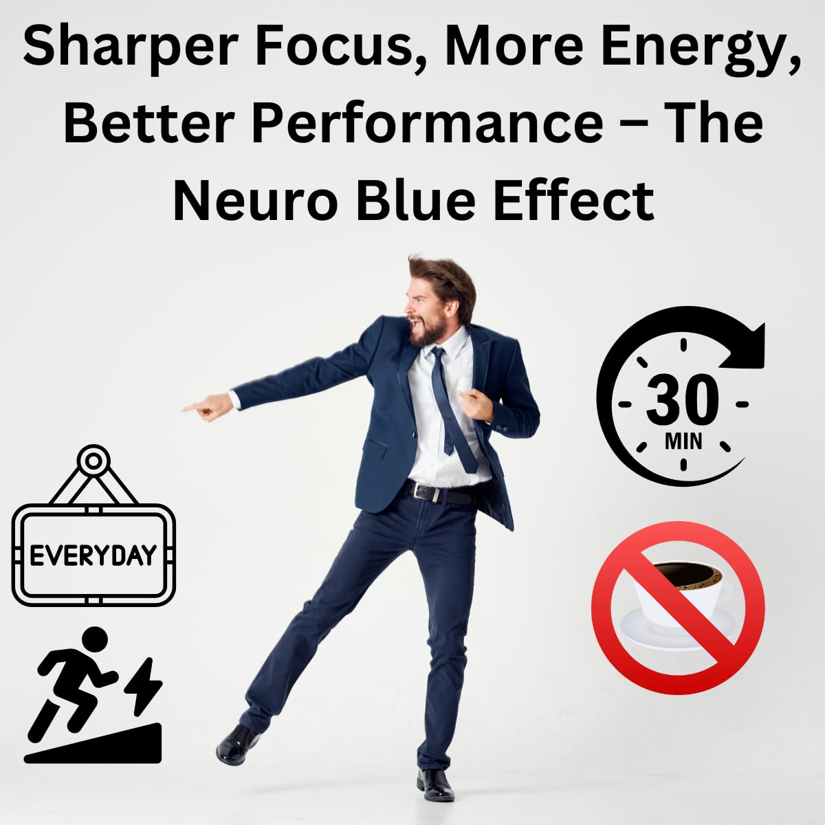 Neuro Blue bottle on table with glass conveys a ready-to-use daily routine feel