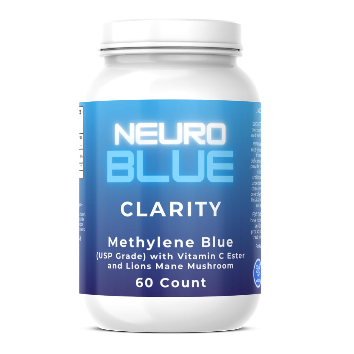 Neuro Blue Methylene Blue capsules bottle front suggesting enhanced focus and cognitive clarity