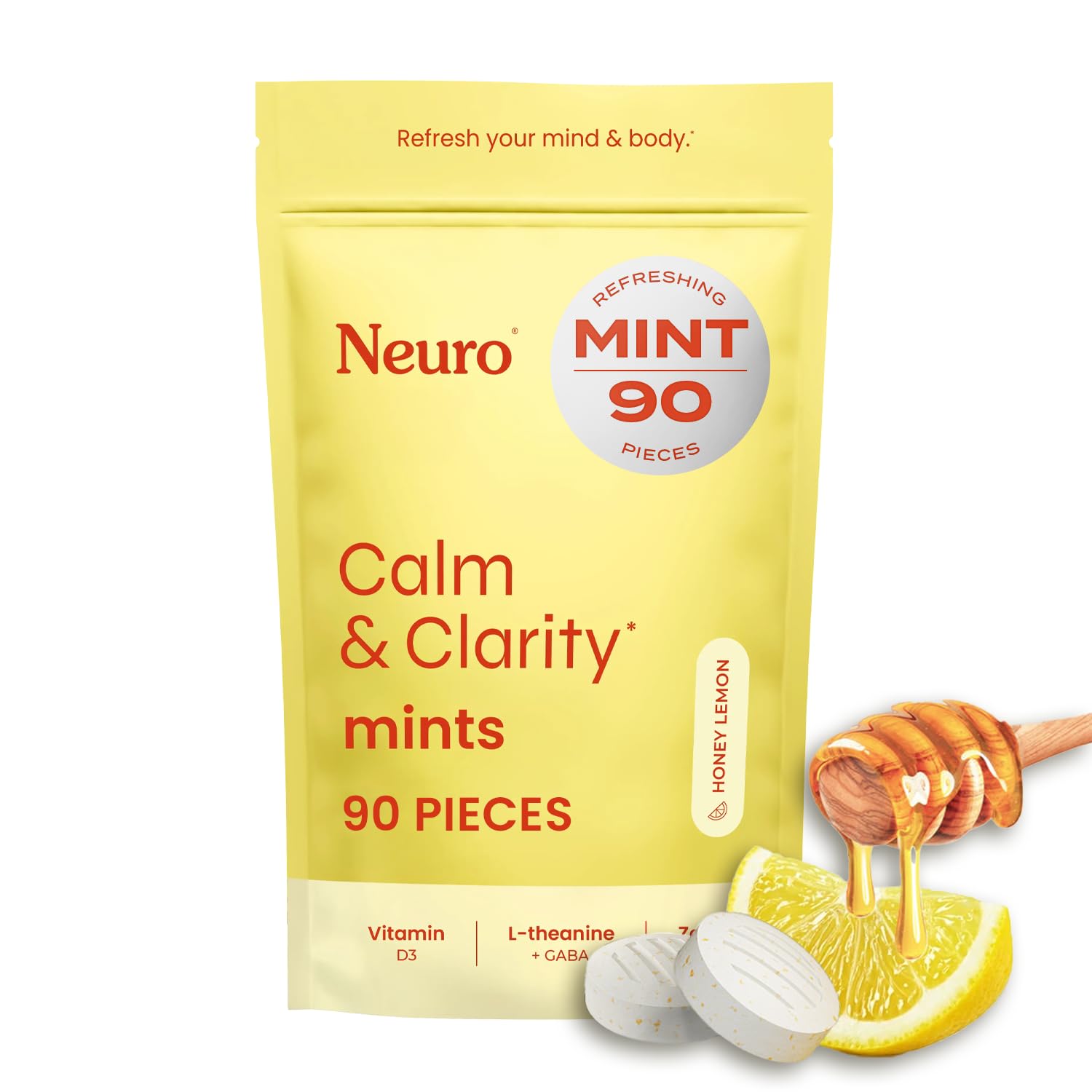 Neuro Calm & Clarity mints bottle front for convenient calming support during busy days.