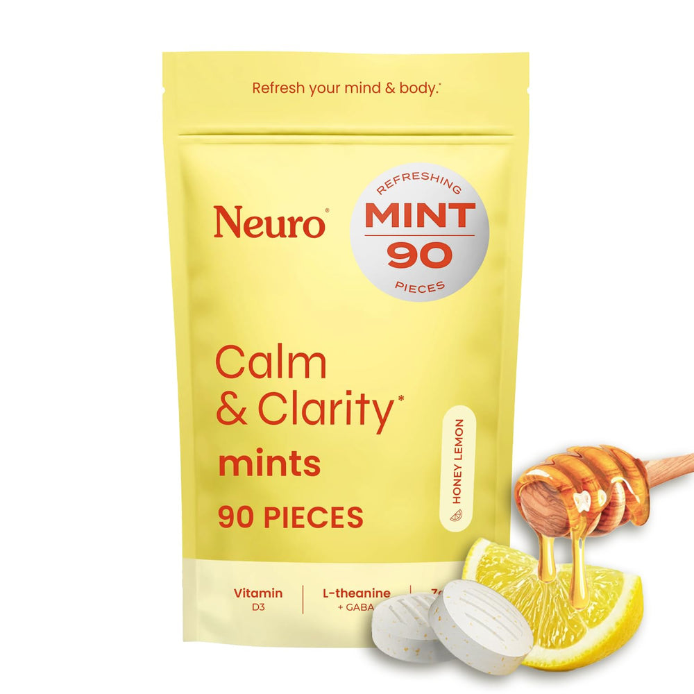 Neuro Calm & Clarity mints bottle front for convenient calming support during busy days.