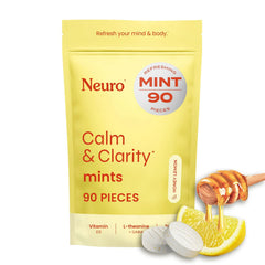 Neuro Calm & Clarity mints bottle front for convenient calming support during busy days.