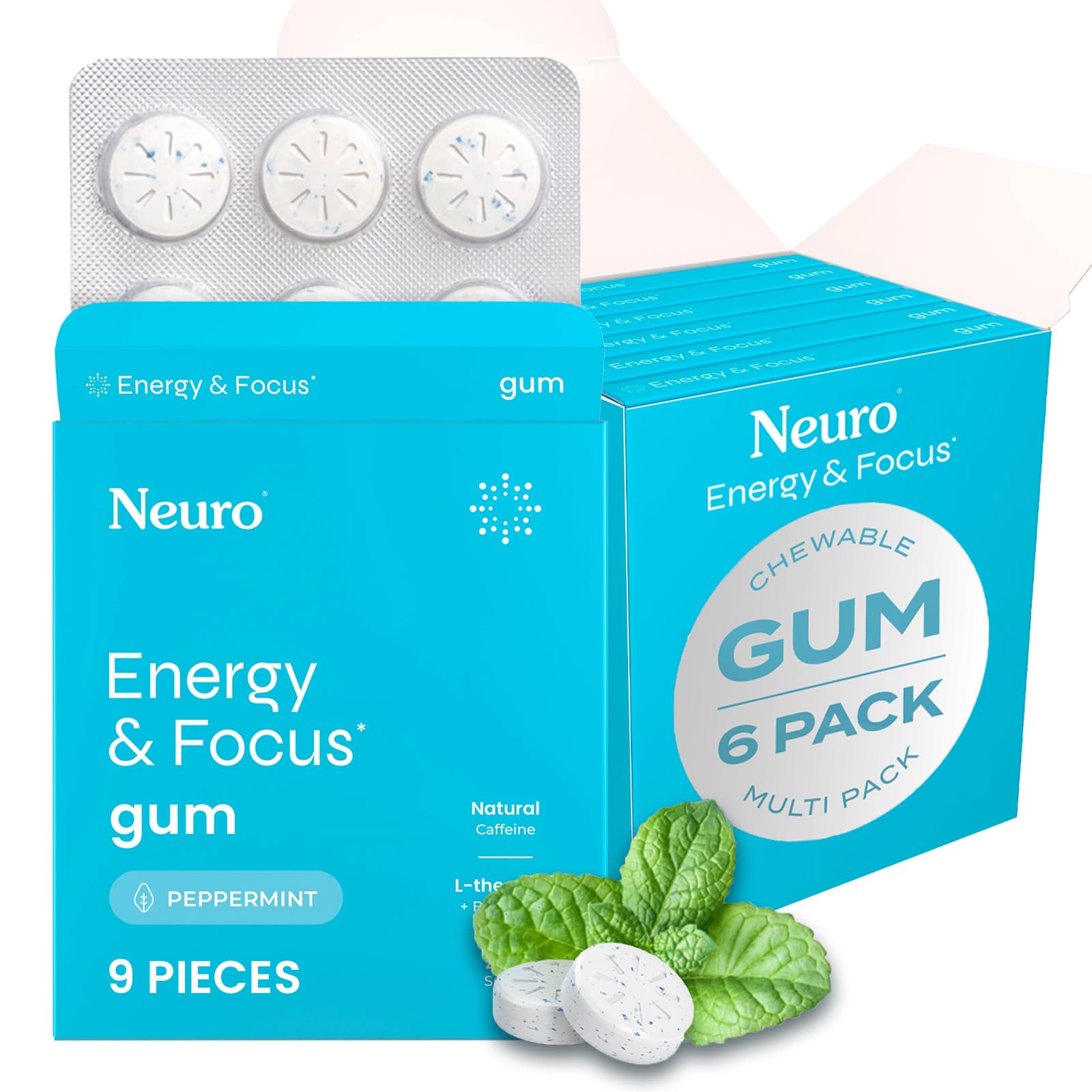 Neuro Energy & Focus Gum 40mg peppermint packaging promotes quick focus for work