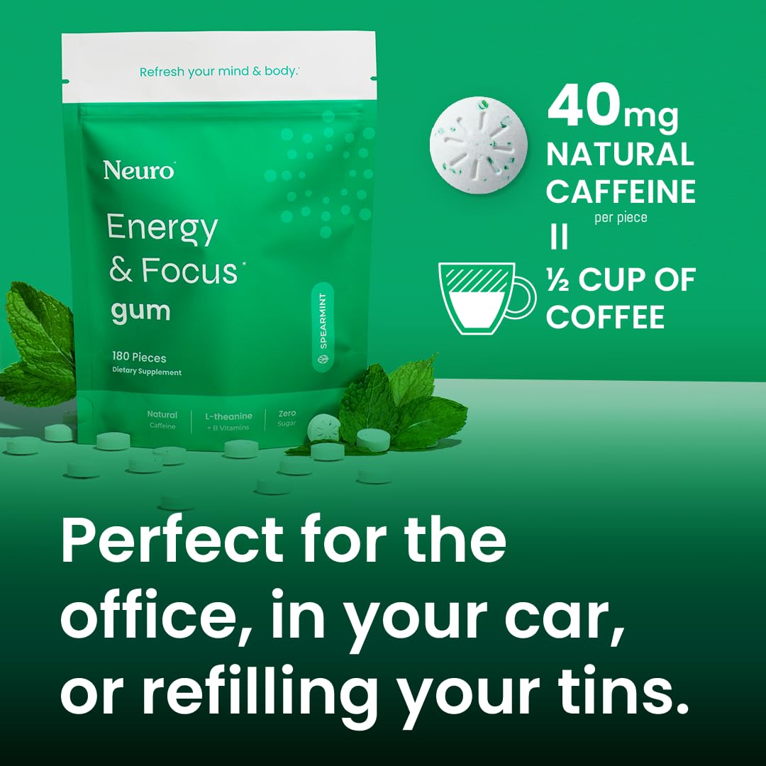 Neuro gum piece close-up showing mint aroma and balanced caffeine for steady energy