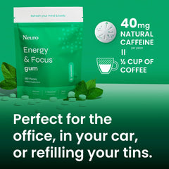 Neuro gum piece close-up showing mint aroma and balanced caffeine for steady energy