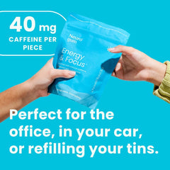 Close-up of Neuro Energy & Focus Gum peppermint piece highlighting the sugar-free formula.