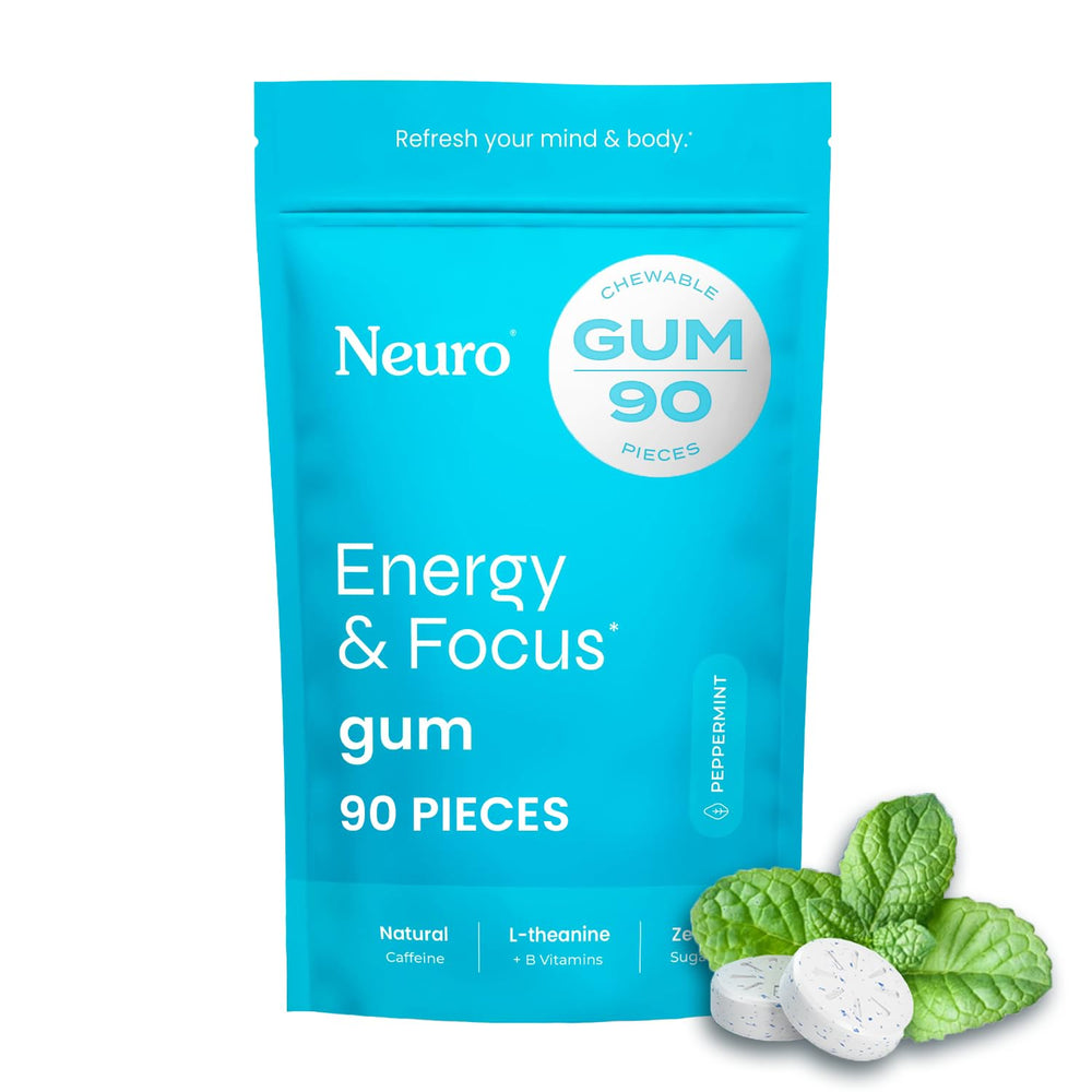 Neuro Energy & Focus Gum peppermint pack front for a quick, smooth caffeine boost.