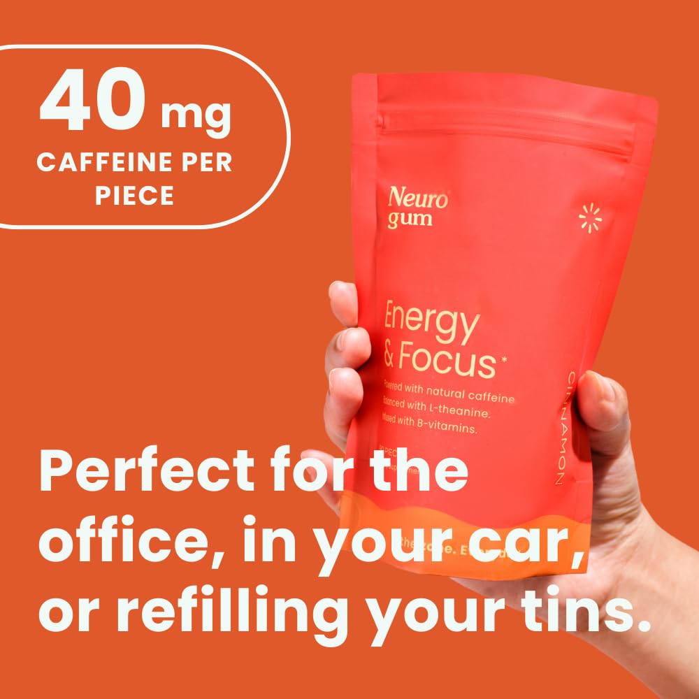 Neuro Energy Focus Gum piece closeup highlights natural caffeine and L-theanine for smooth focus.