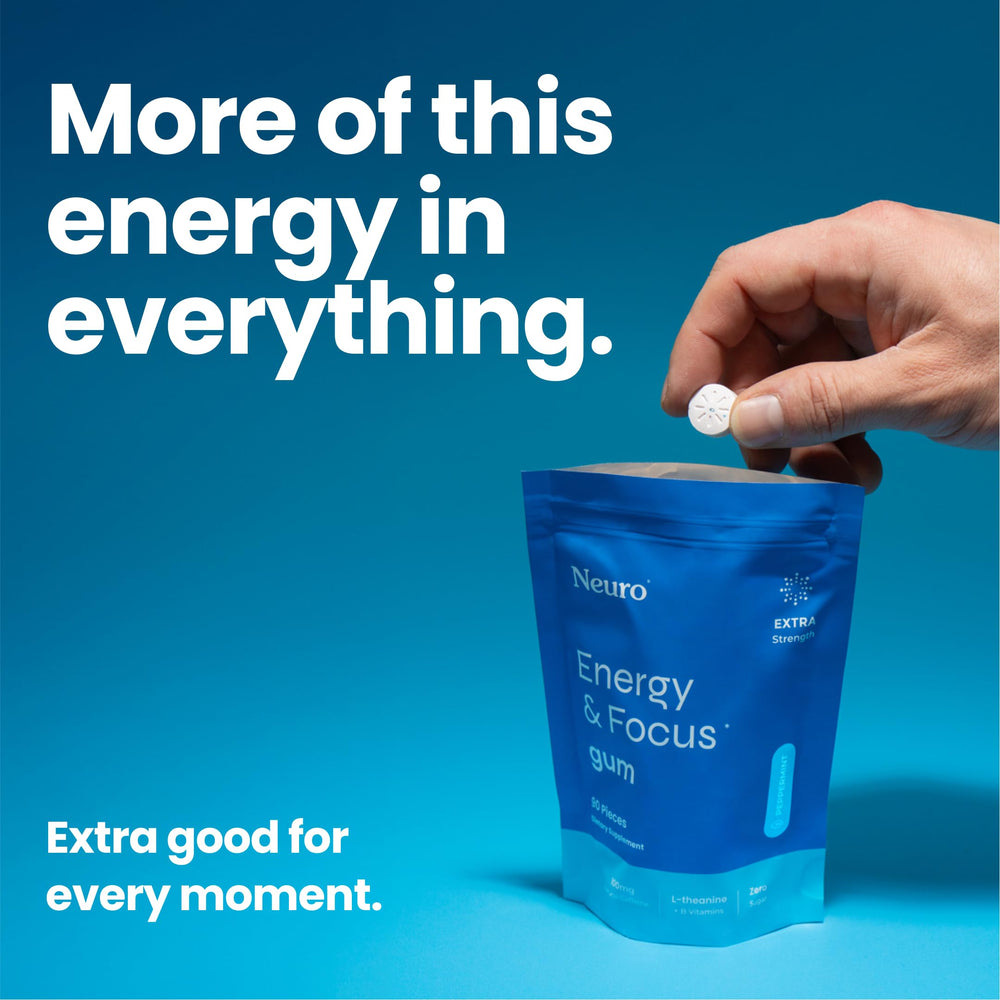 Neuro Energy and Focus Gum piece in mouth delivering fast, on-the-go energy.