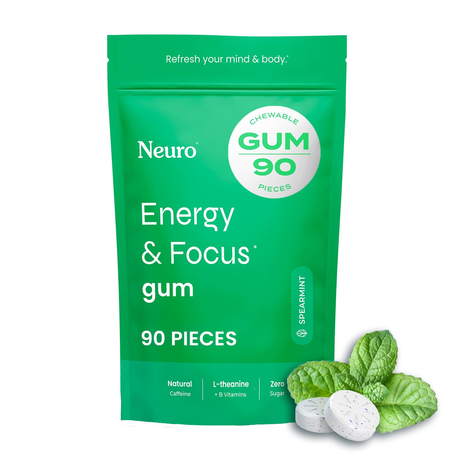 Neuro Energy & Focus Gum spearmint pack shot with sugar-free caffeine for focus