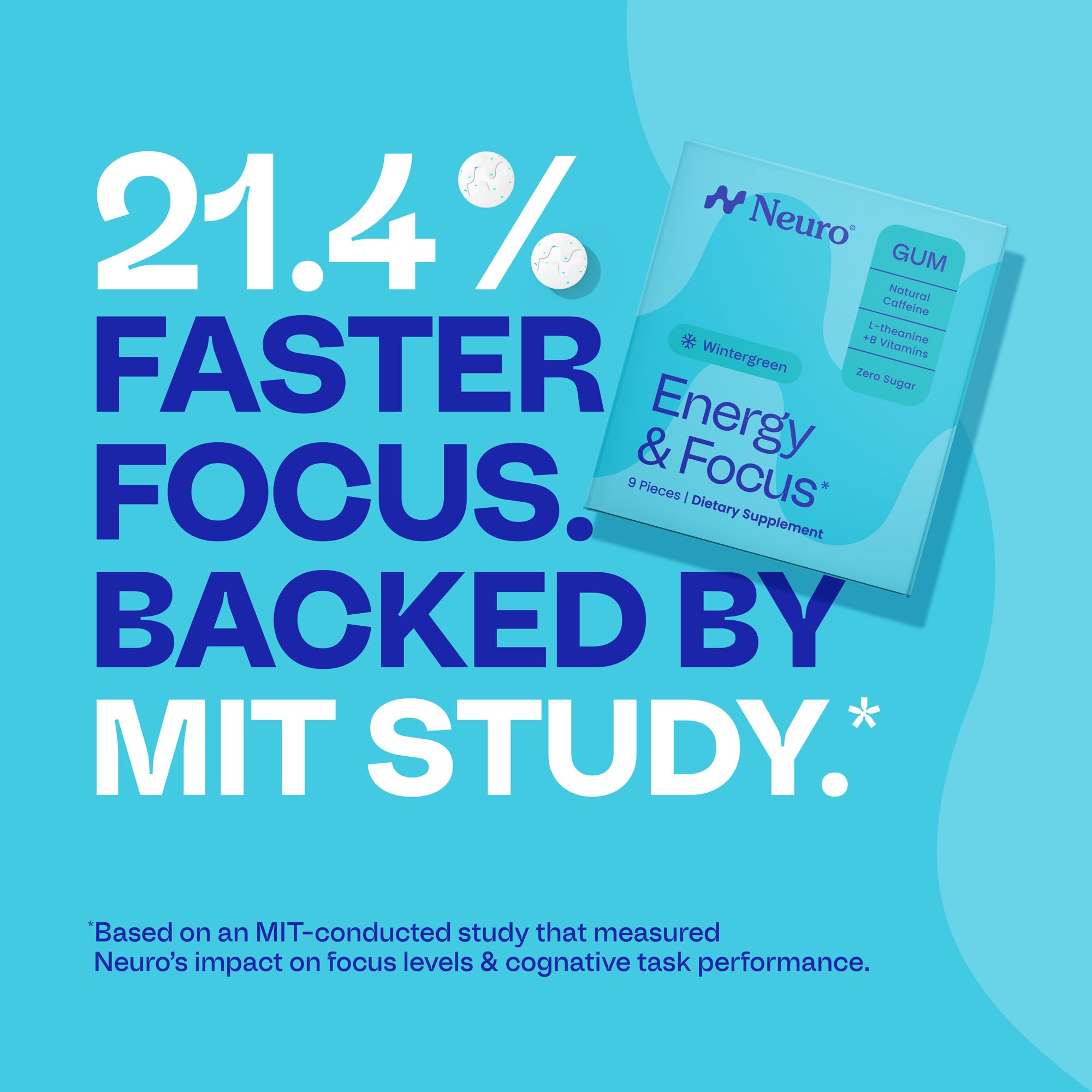 Neuro Energy & Focus Gum sugar-free badge communicates no sugar crash