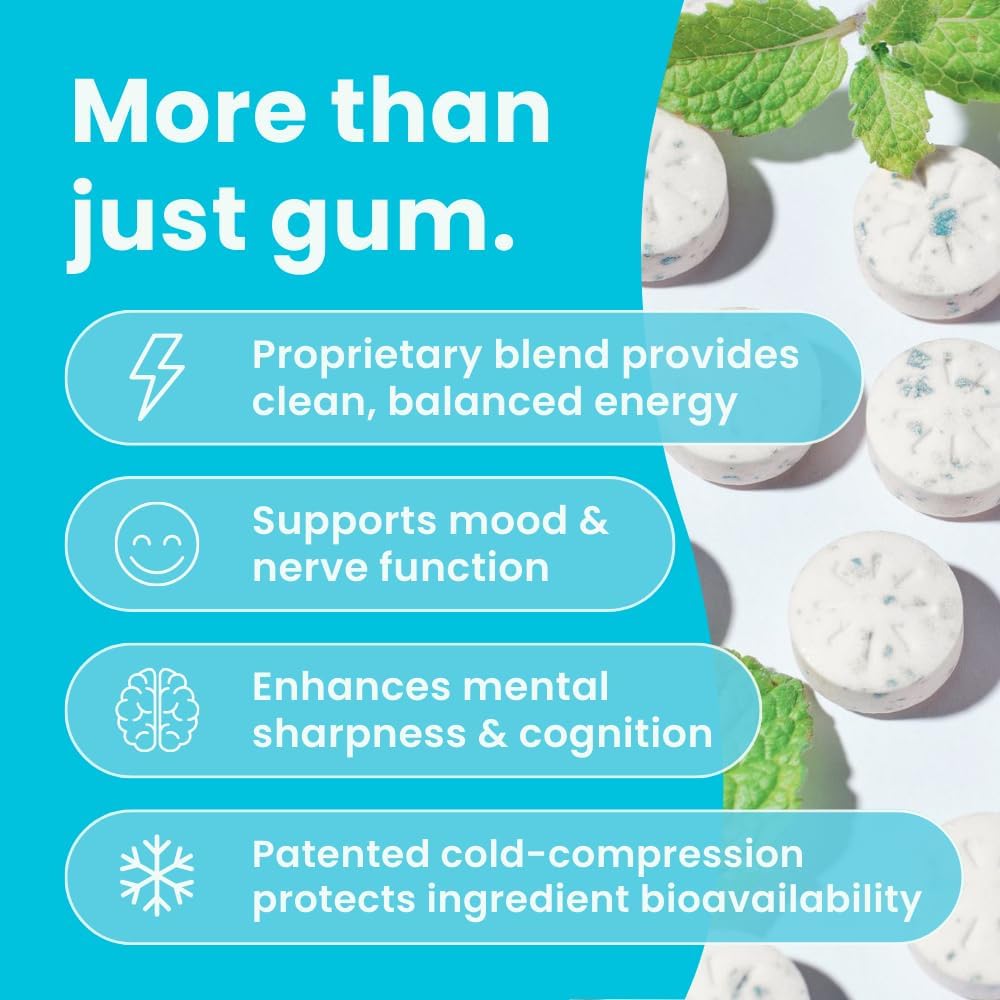 Label on Neuro Energy & Focus Gum sugar-free bottle noting caffeine and L-theanine.