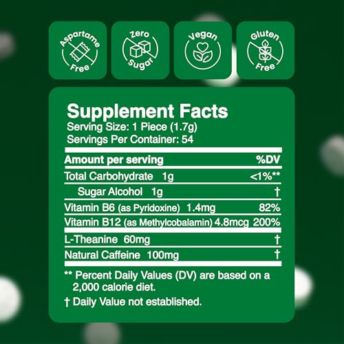 Neuro Energy & Focus Gum back label details caffeine and B vitamins benefits