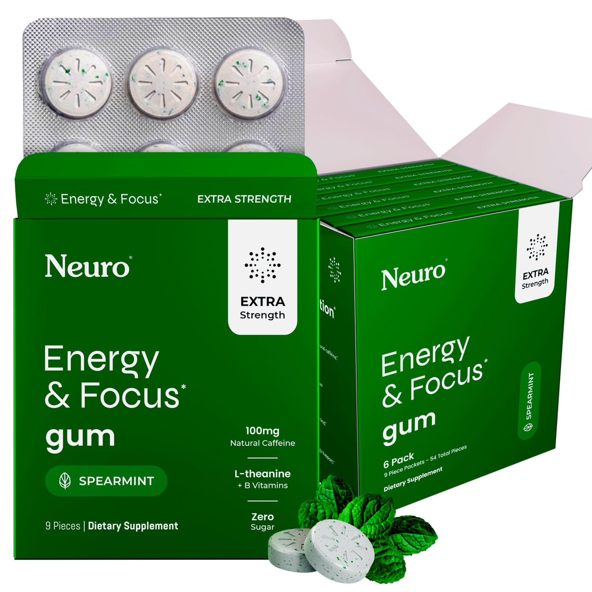 Neuro Energy & Focus Gum tub front with mint flavor for quick, clean energy