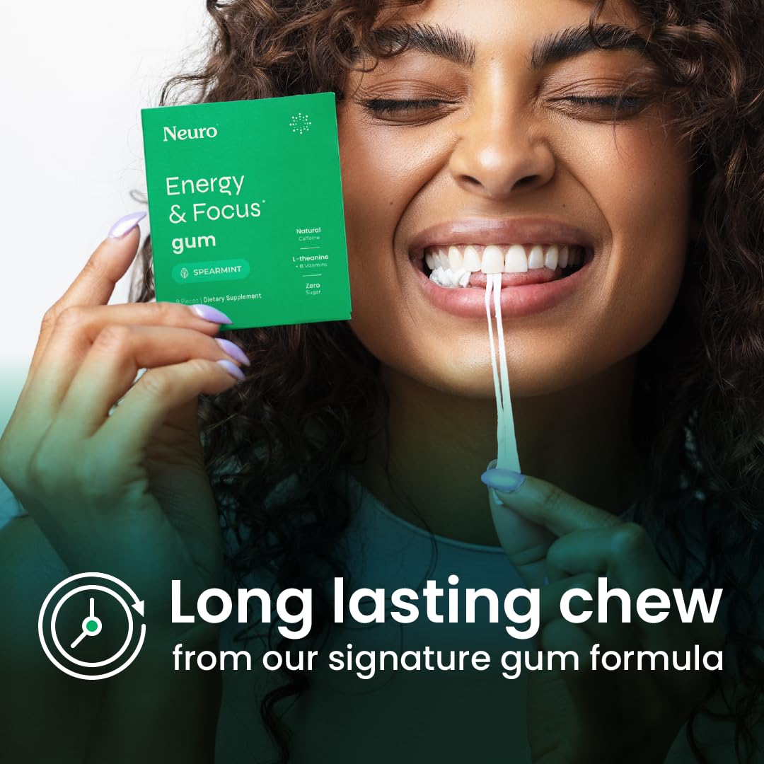 Neuro gummy close-up with vitamin lineup emphasizing clean vegan energy