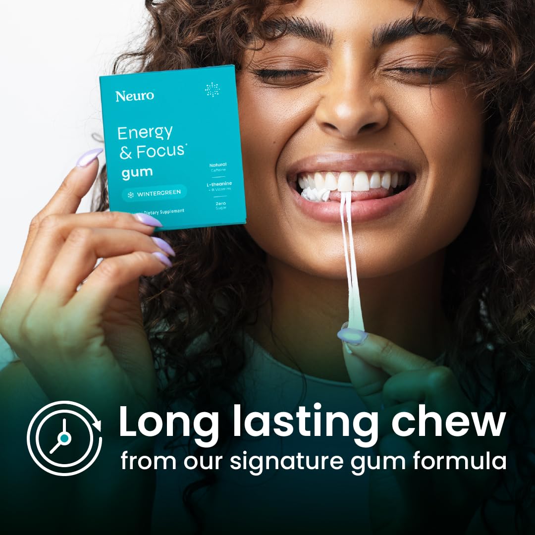 Close-up of Neuro Energy & Focus Gum ingredients and wintergreen flavor