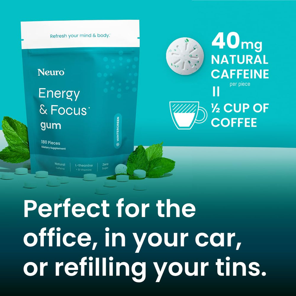 Neuro Energy & Focus Gum wintergreen packaging box displayed for retail and travel