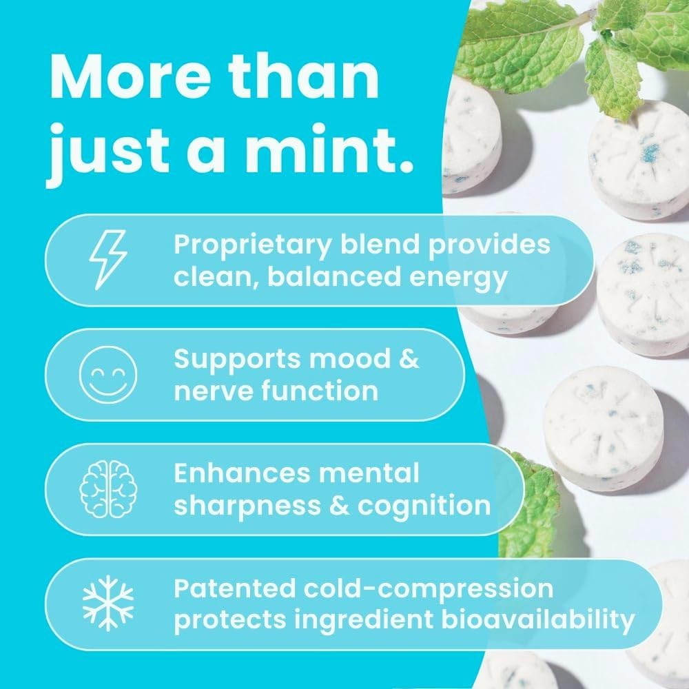 Neuro Energy & Focus Mints bottle label closeup highlights vegan formula and sugar-free design.