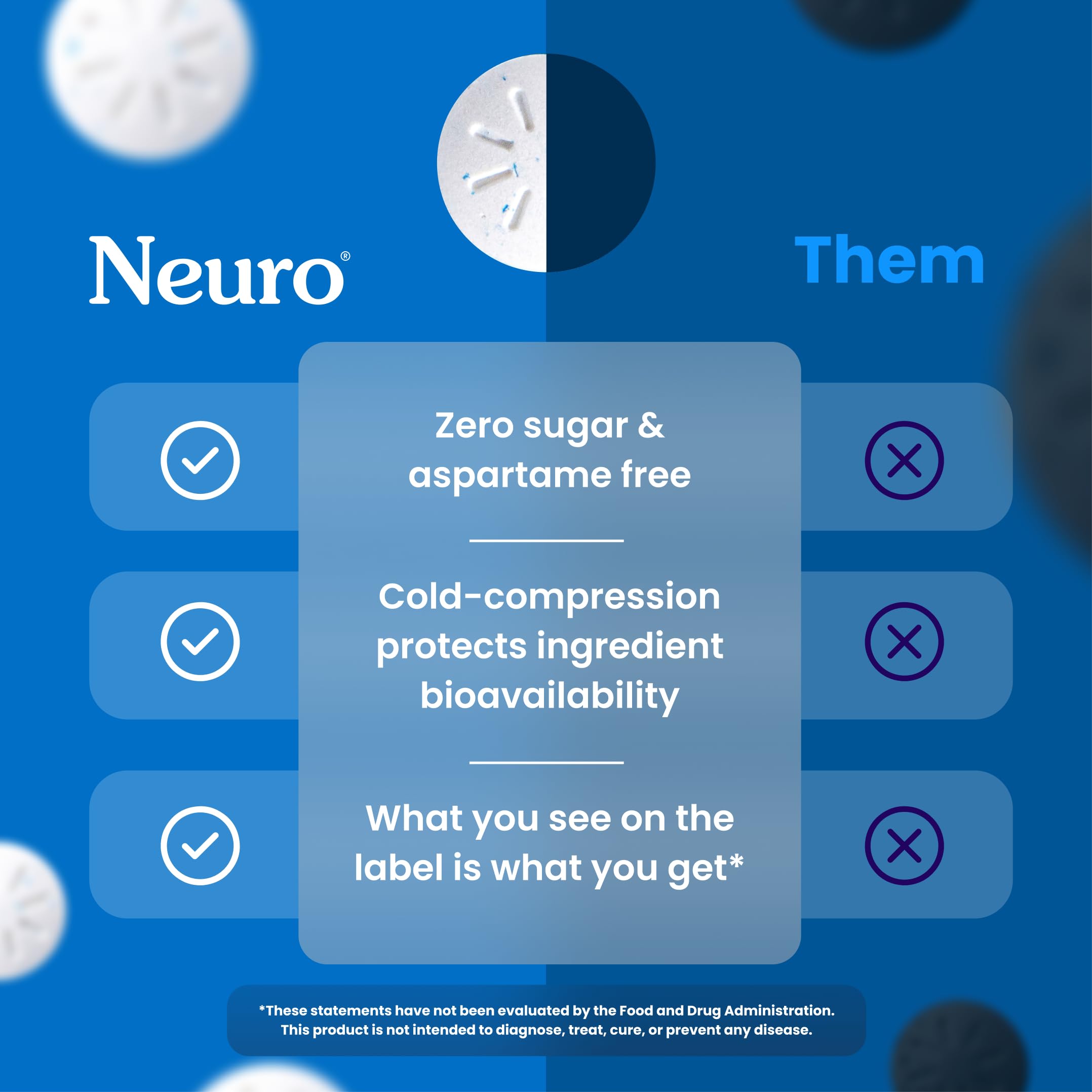Neuro Energy & Focus Mints pack back highlights ingredients and vegan status.