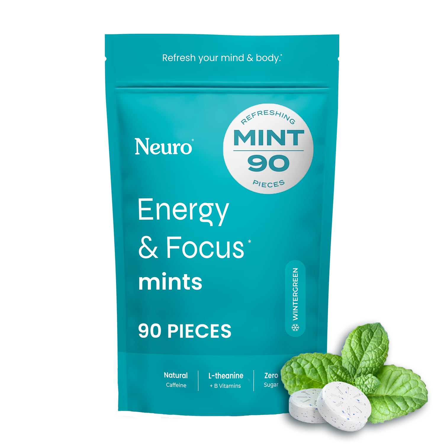 Neuro Energy & Focus Mints packaging highlighting sugar-free caffeine boost for on-the-go focus.
