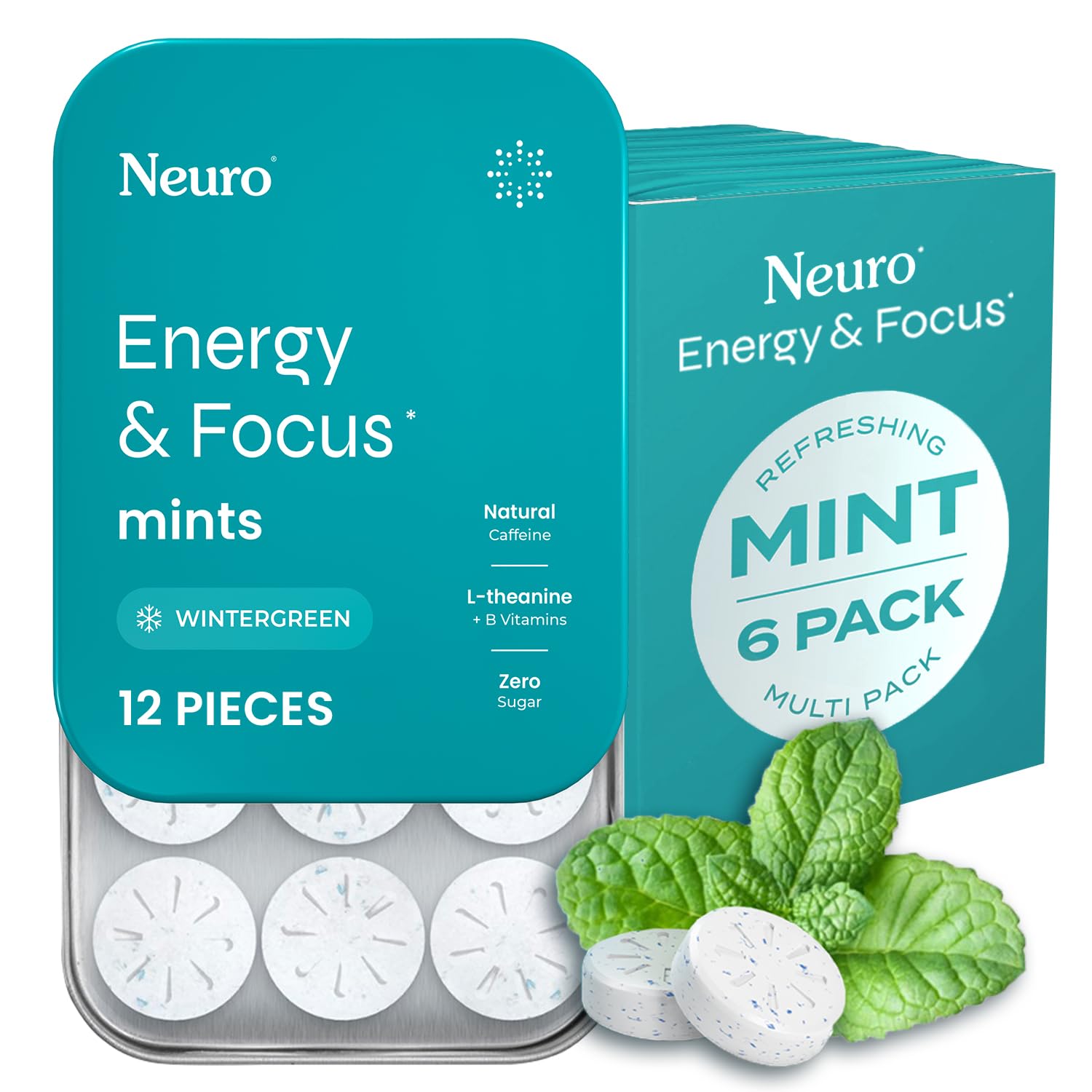 Neuro Energy and Focus Mints tin front for on-the-go energy and breath freshening.