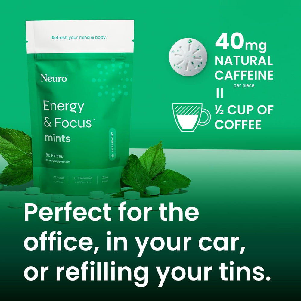 Neuro Energy & Focus Mints tin opened reveals mint pieces for quick lift