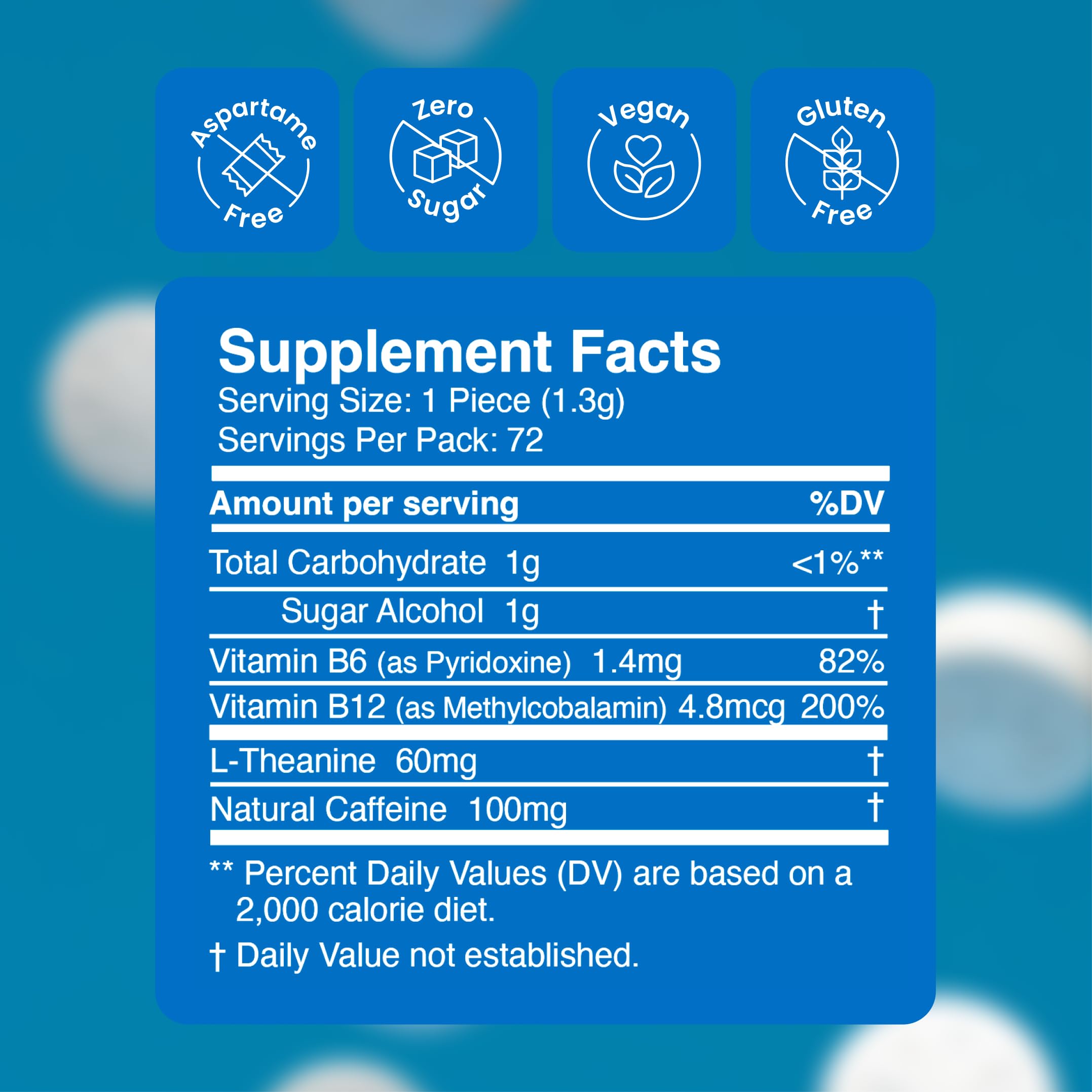 Each mint delivers 100 mg natural caffeine for steady focus.