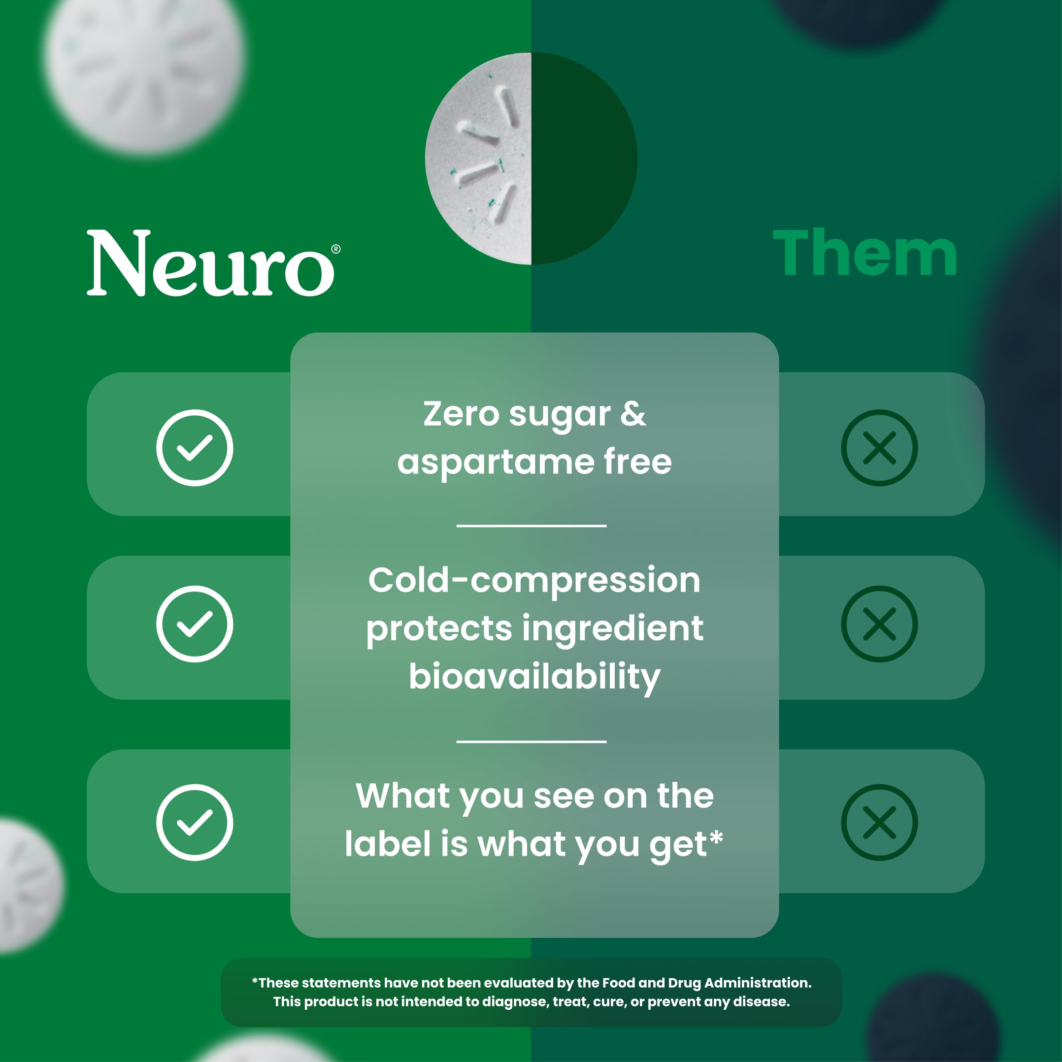 Neuro Energy Mints mint close-up showing 100 mg caffeine.