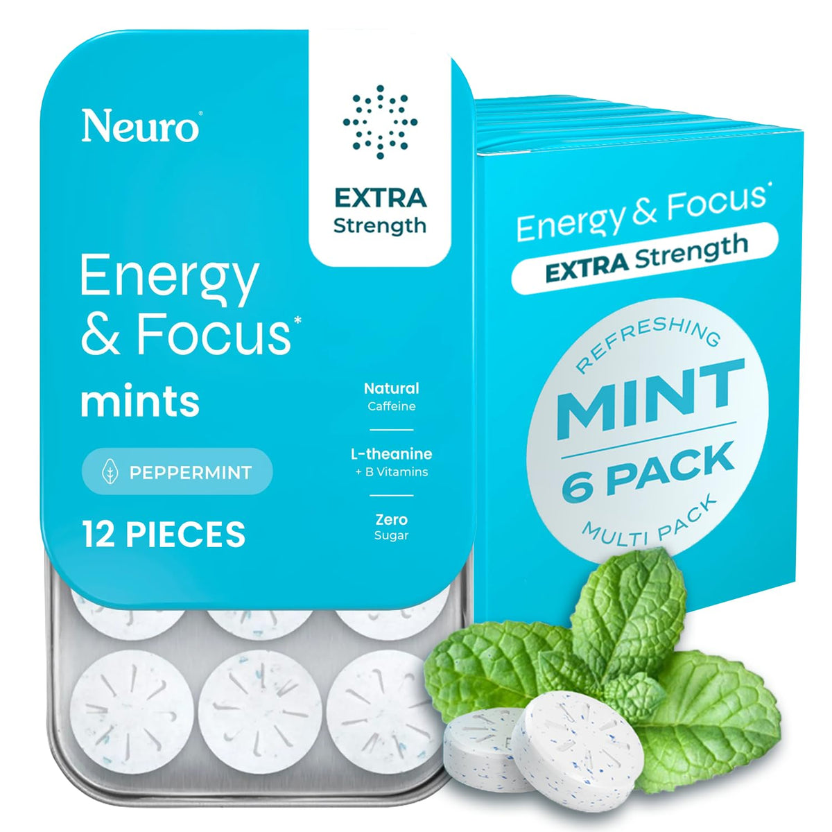 Neuro Energy Mints packaging tin open for on-the-go energy and focus.