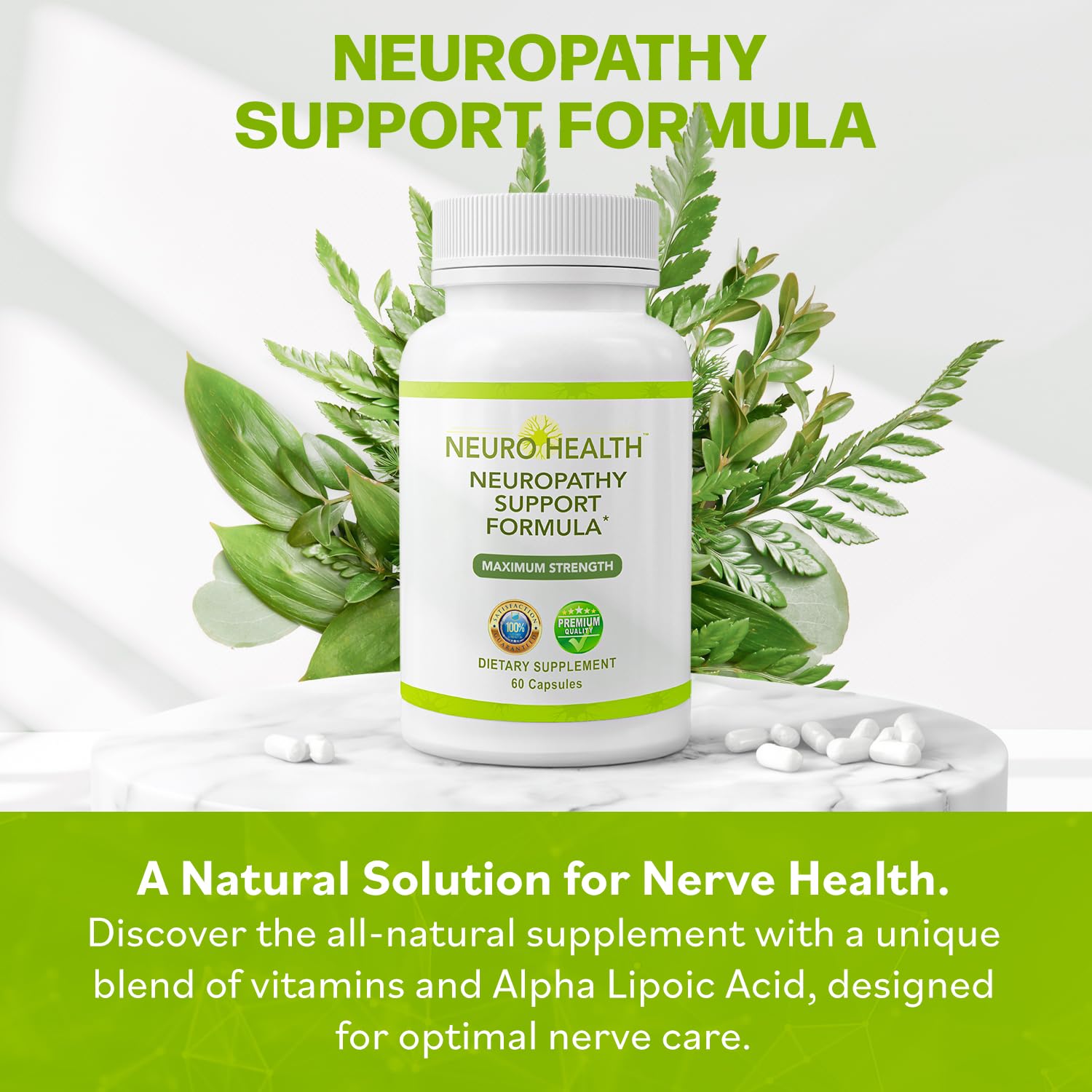 The Neuro Health bottle label highlights ingredients and USA-made quality for nerve support.