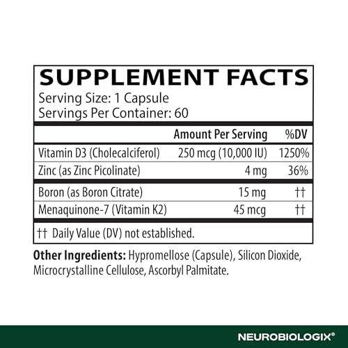 Neurobiologix capsules show vitamin D3 and K2 in a single supplement