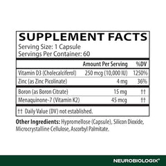 Neurobiologix capsules show vitamin D3 and K2 in a single supplement