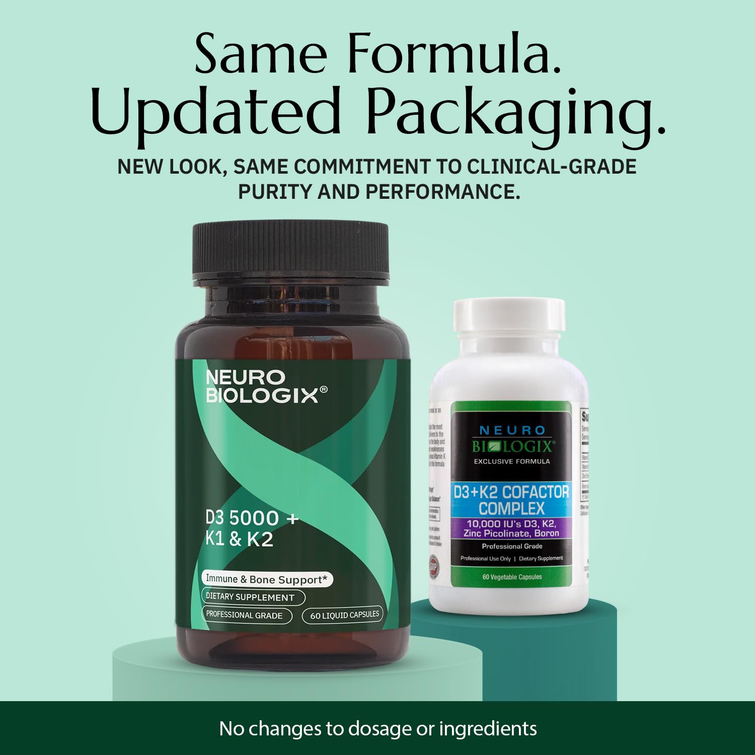 Neurobiologix D3 5000 + K1/K2 capsules close up for absorption.