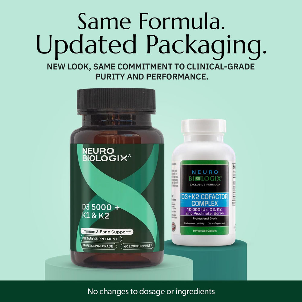 Neurobiologix D3 5000 + K1/K2 capsules close up for absorption.