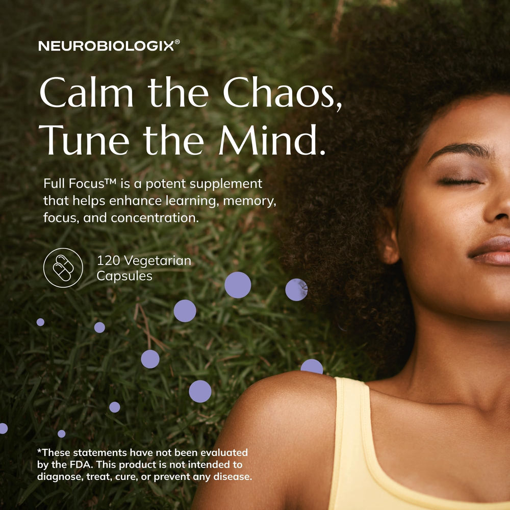 Neurobiologix Full Focus bottle label highlighting gluten-free and quality notes.
