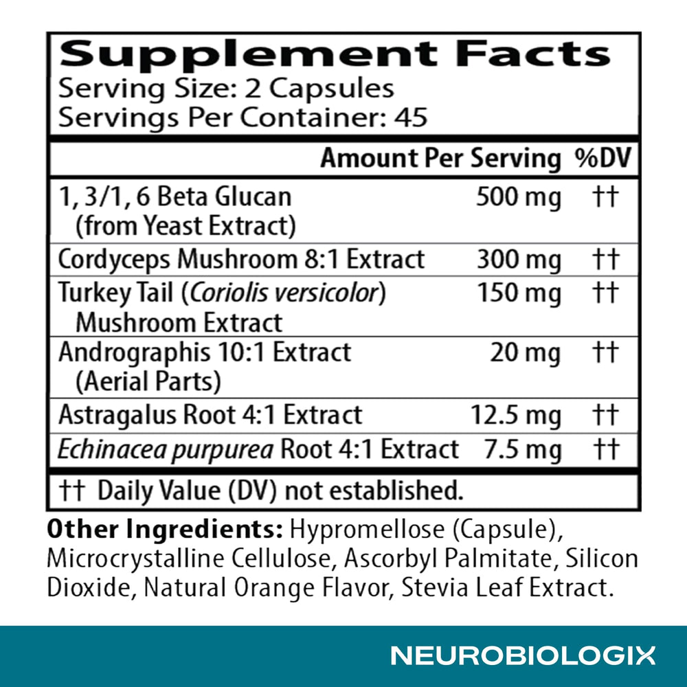 Neurobiologix Immune Restore+ bottle back shows dosage for daily use