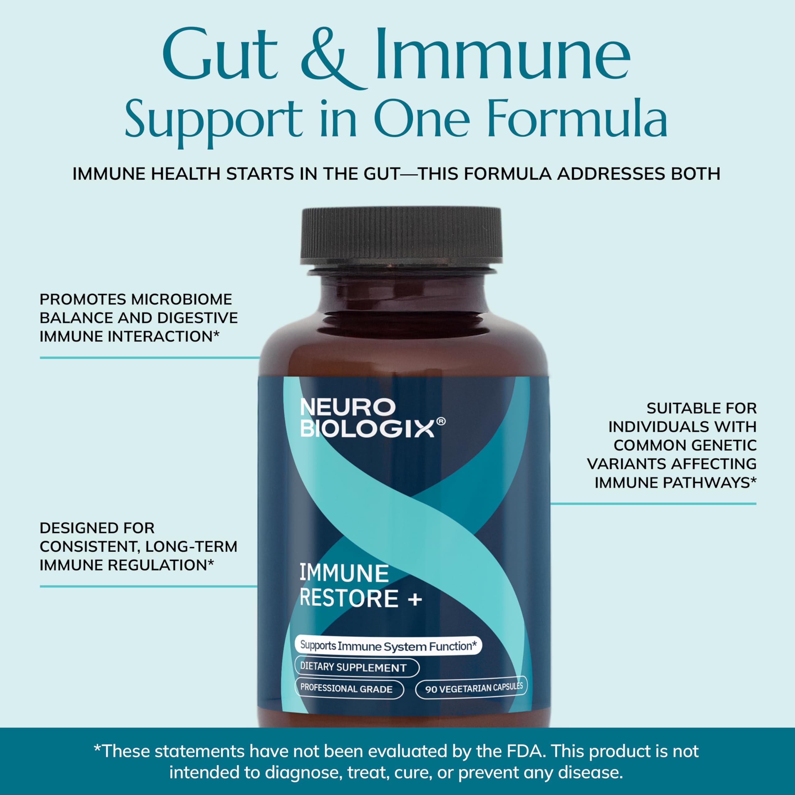 Neurobiologix Immune Restore+ bottle with water suggests a simple daily routine