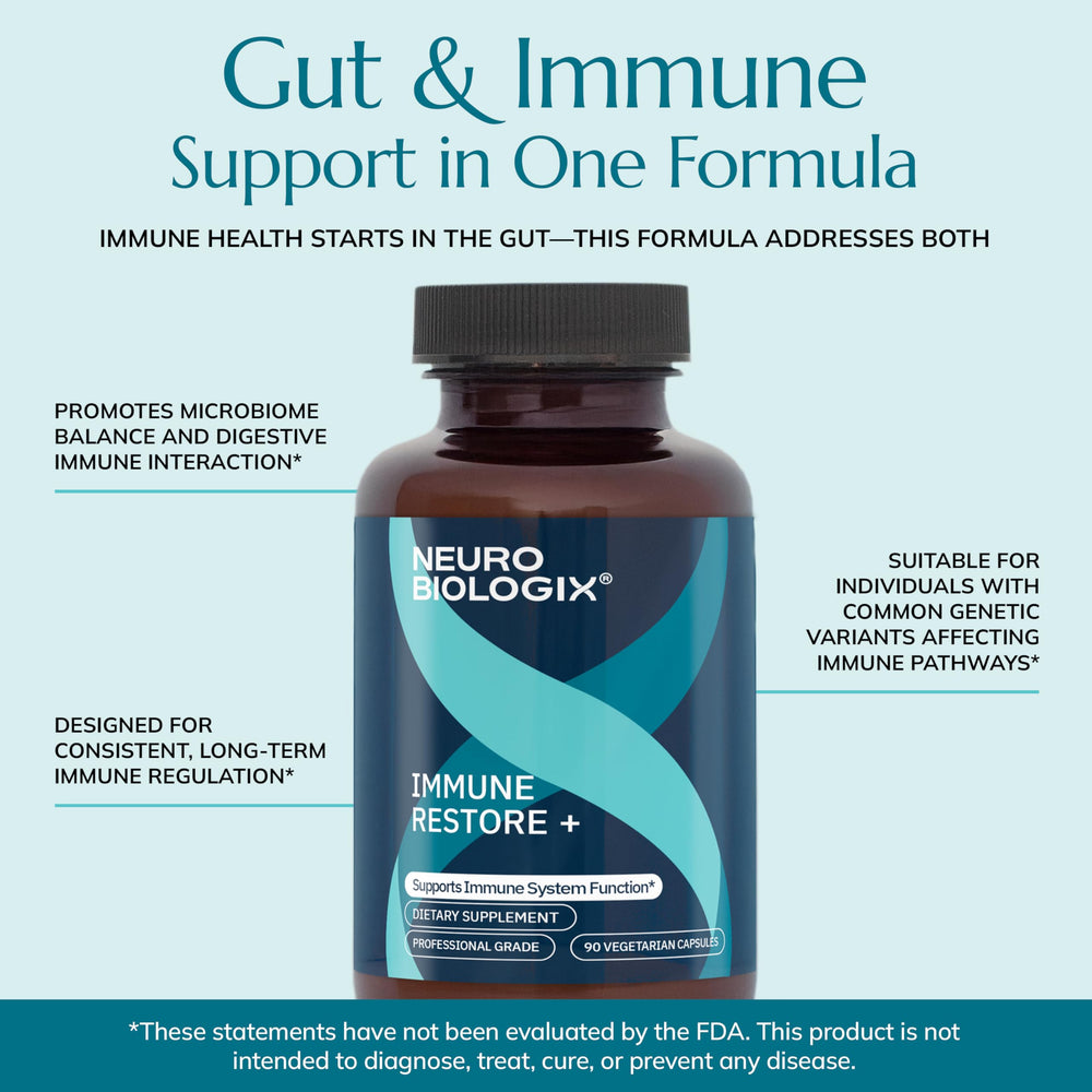 Neurobiologix Immune Restore+ bottle with water suggests a simple daily routine