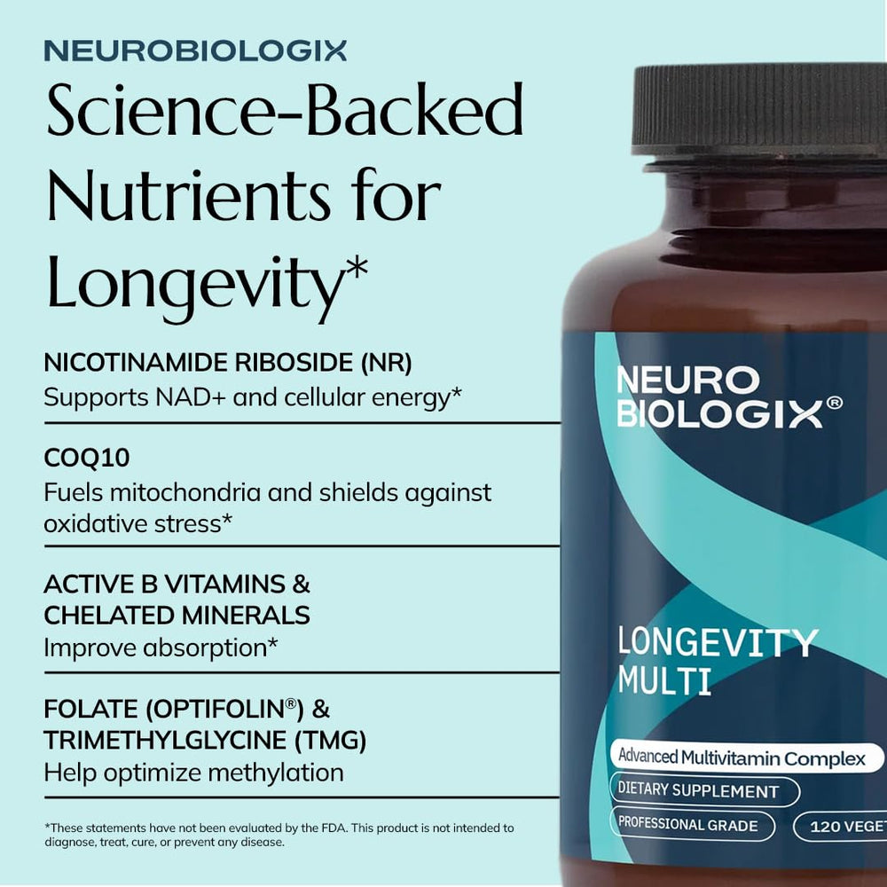 Neurobiologix Longevity Multi nutrition label highlights 40+ nutrients