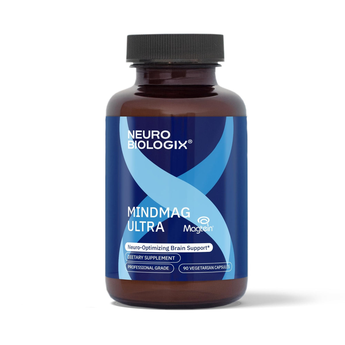 Neurobiologix MindMag Ultra bottle closeup signals cognitive support for daily tasks.