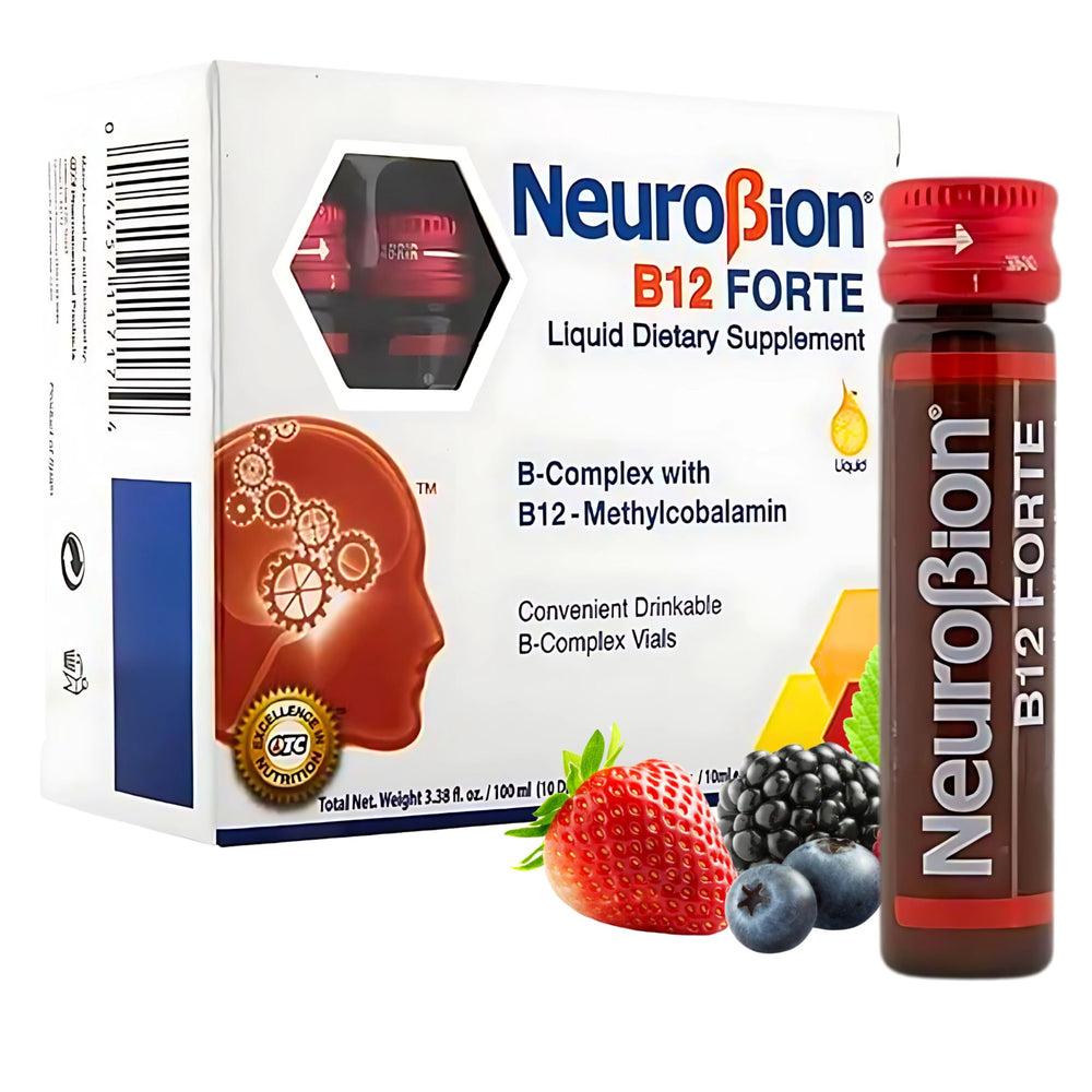 Neurobion B12 Forte 10-vial bottle for quick daily vitamin intake.